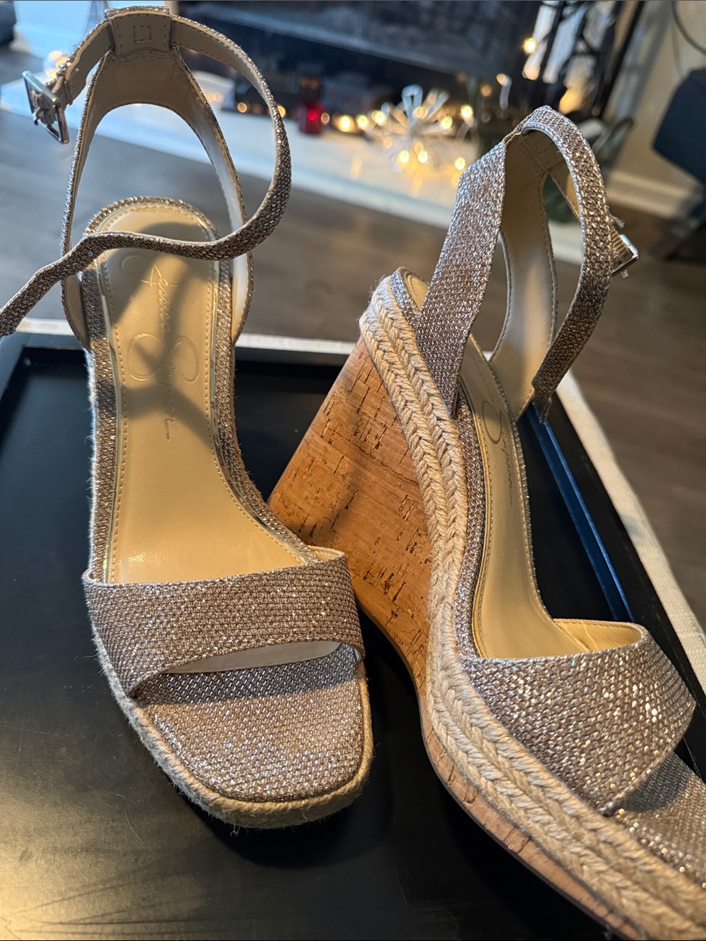Jessica Simpson Sparkle Taupe Cork Wedges